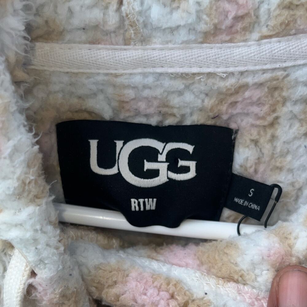 UGG RTW Women's Leopard Print Fleece Pullover Hoodie S White Pink Beige Hooded - Picture 2 of 5